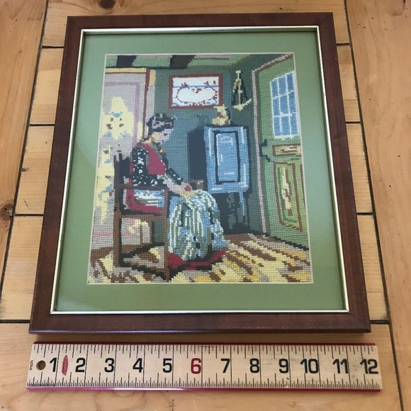 Vintage Woman at Home Completed Needlepoint Tapestry Framed Picture 1974 - Picture 3 of 5